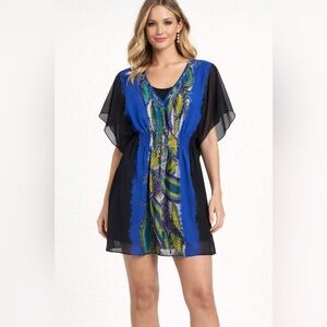 Bisou Bisou Blue Printed Chiffon Dress Size 4 Flutter Sleeve Boho Resort